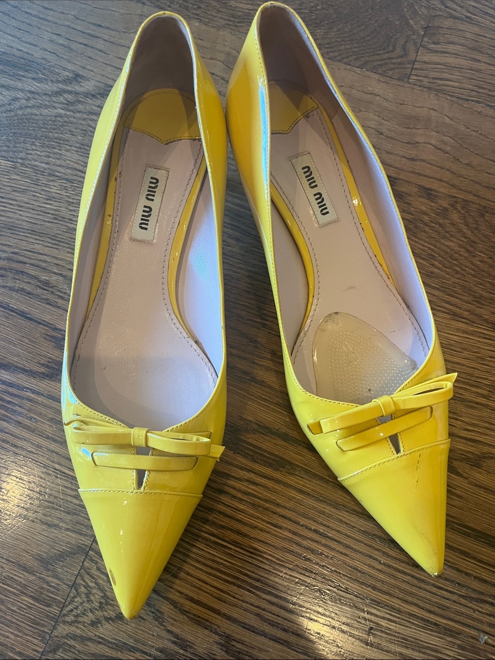 Miu Miu Yellow Patent Leather Pointed Toe Bow Flats 8.5
